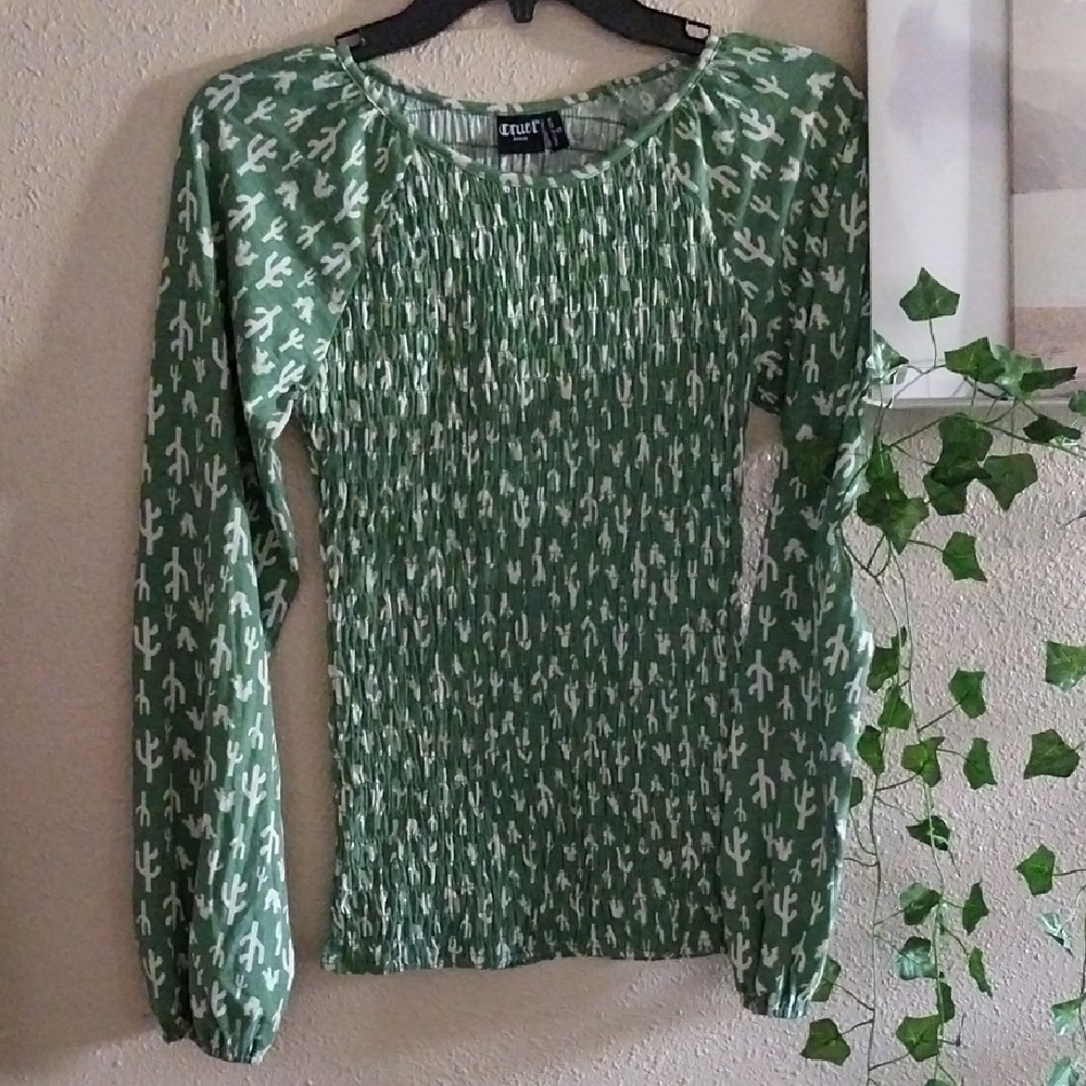 Cruel Girl Green Cactus Print Raglan Sleeve Blouse - Small